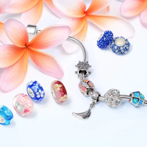 Vista 4 de Nautical Vacation Travel Boat Ship Wheel Rope Anchor Tropical Ocean Blue Waves Charm Bead For Women Teen .925 Sterling Silver Fits European Bracelet