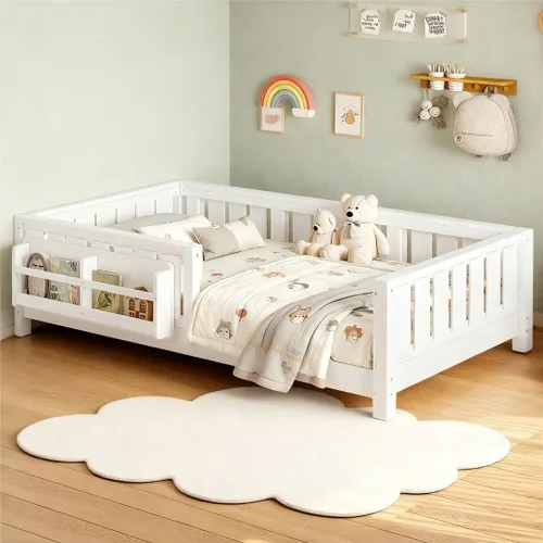 Vista 15 de Marco de cama Montessori Twin con estantería y barandillas, color beige