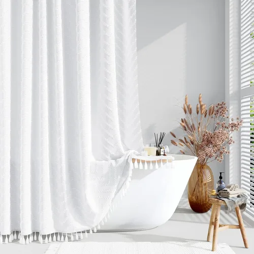 Vista 12 de Dynamene - Cortina de ducha de tela bohemia con rayas con chebrón en relieve, juego de cortina angosta para baño, media cortina impermeable de A.