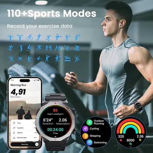Vista 5 de Relojes inteligentes militares para hombres (respuesta/hacer llamadas), reloj de fitness de 1.39 pulgadas con monitor de sueño con podómetro