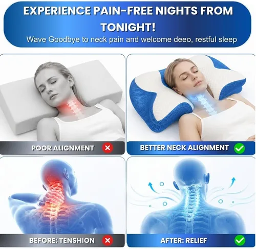 Vista 3 de Almohada cervical – Almohada ergonómica de contorno de espuma viscoelástica para aliviar el dolor de cuello, cuello y hombros – Ideal para dormir