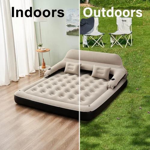 Vista 4 de Cama inflable de colchón de aire tamaño Queen con cabecero y almohadas, sofá cama inflable