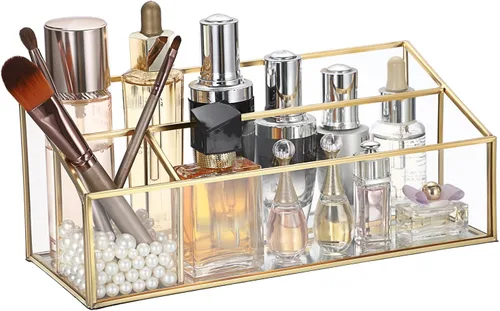 Vista 8 de Hipiwe Organizador de maquillaje para encimera, vitrina de cosméticos de vidrio dorado, soporte de almacenamiento de tocador de 3 ranuras