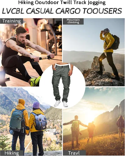 Vista 5 de LVCBL Pantalones cargo para hombre, de algodón, ajuste relajado, con múltiples bolsillos para hombre