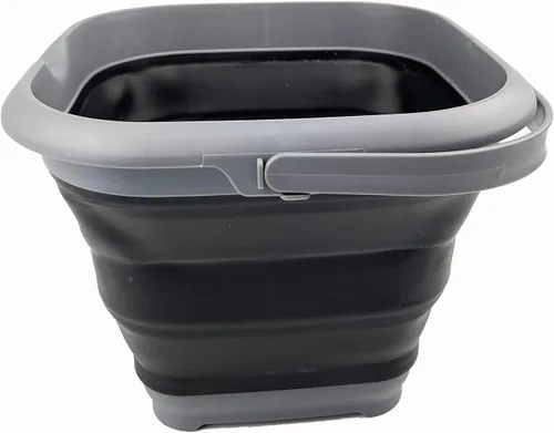 Vista 6 de SAMMART Cubo cuadrado plegable de 8.5 L (2.2 galones) con tapa/cubo de agua cuadrado plegable con tapa/bañera portátil con asa y tapa (gris/negro)