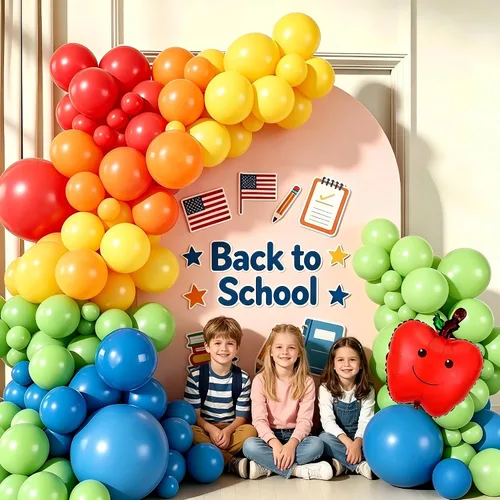 Vista 3 de Decoraciones de fiesta de regreso a clases, kit de arco de guirnalda de globos arcoíris con globos de aluminio de manzana para graduación, primer