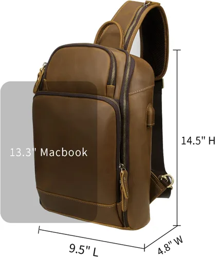 Vista 3 de Bolso de cuero genuino de grano completo vintage para hombres, mini tamaño mediano pequeño, con puerto de carga USB, Medium-camello, Mochilas Sling