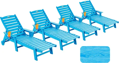 Vista 18 de Chaise Lounge Chair al aire libre con ruedas, silla de patio de gran tamaño con textura de madera, silla de plástico de 5 posiciones para piscina