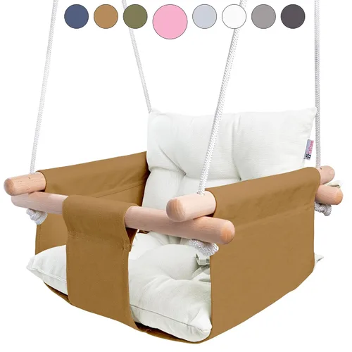 Vista 11 de CaTeam - Columpio de lona para bebé, silla colgante de madera con cinturón de seguridad, silla de columpio para bebé duradera, columpio