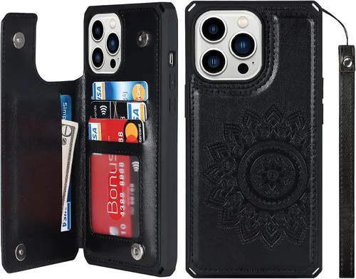 Vista 16 de iCoverCase Funda de billetera compatible con iPhone 13 Pro Max con tarjetero para mujer, cuero PU en relieve con bloqueo RFID y correa de muñeca