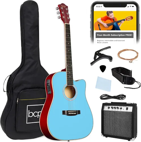 Vista 13 de Best Choice Products Juego de iniciación de guitarra acústica y eléctrica para principiantes con 41 pulgadas, diseño de corte total en madera, bolsa