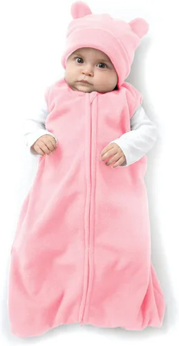 Vista 8 de Cuddle Club Saco de dormir de forro polar para bebé, manta para bebé, saco de dormir y sombrero para recién nacido Fresa