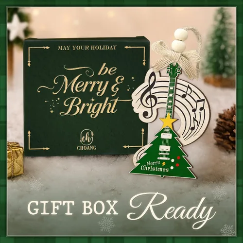Vista 6 de Adorno navideño de guitarra eléctrica para árbol, adorno musical de madera de 2 capas con notas y clave de agudos, regalo único para músico