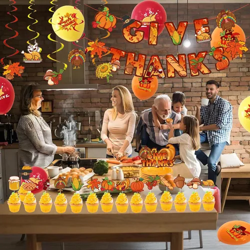 Vista 7 de El juego de decoraciones de fiesta de Acción de Gracias incluye pancarta de agradecimiento, globos de calabaza y pavo de hoja de arce, remolinos