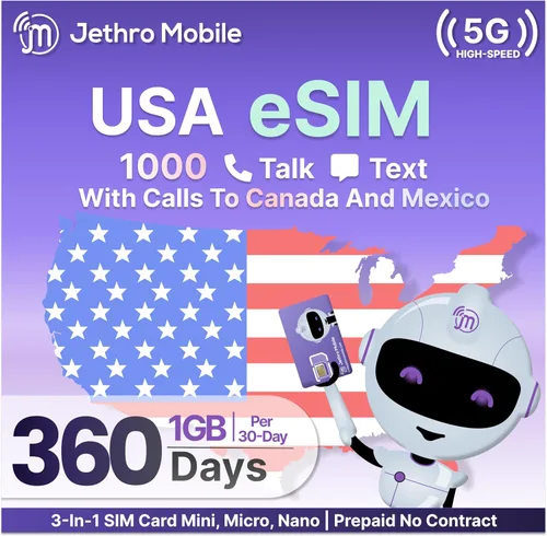 Vista 7 de $7.09/mes Jethro Mobile 1GB de datos de alta velocidad 1000 minutos y mensajes de texto Tarjeta SIM 3 en 1 prepago Funciona con teléfonos