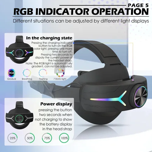 Vista 6 de Orzero Head Strap Accessories Compatible for Quest 3 with Extended 8000mah Battery Pack - Enhanced Comfort and Extended Gaming Time with RGB Light