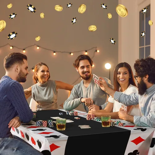 Vista 7 de Hosuly 3 piezas de decoración de fiesta temática de casino, mantel de póquer de plástico desechable, mantel temático de casino para juegos Negro