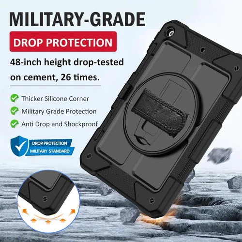 Vista 5 de BMOUO Funda para iPad de 9ª/8ª/7ª generación de 10.2", a prueba de golpes con soporte giratorio de 360°, correa de hombro y mano, funda para iPad