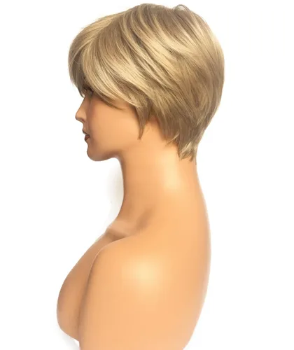 Vista 5 de Peluca corta rubia con flequillo, corte Pixie en capas, para mujer, fibra sintética, sin pegamento, esponjosa, aspecto natural