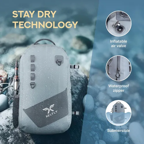 Vista 2 de Xelfly - Mochila de pesca impermeable con soporte para caña, válvula de aire inflable, correas acolchadas para la cintura y bucles para engranajes