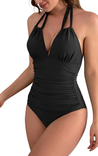 Vista 2 de B2prity - Traje de baño adelgazante de una pieza con función de control de abdomen, cuello halter, retro, ropa de baño para mujer curvilínea