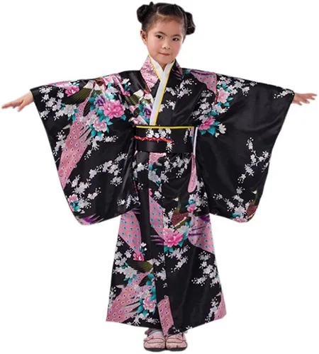 Vista 3 de Conjunto asiático kimono japonés para chicas y mujeres adultas CRB set de bata cinturón faja y abanico