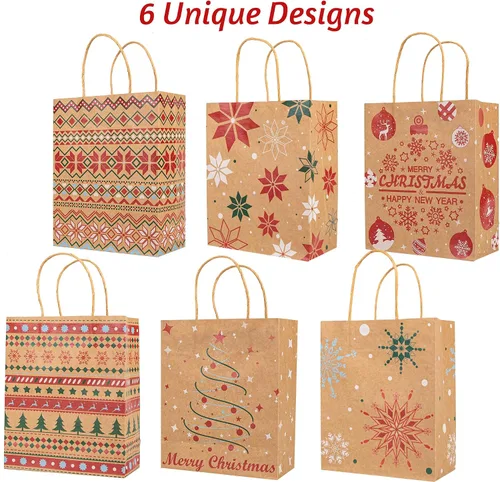 Vista 5 de 24 bolsas de regalo de papel kraft de Navidad con 24 papeles de seda, bolsas de dulces navideños de 7 x 8.6 x 3 pulgadas con asas, bolsas de dulces