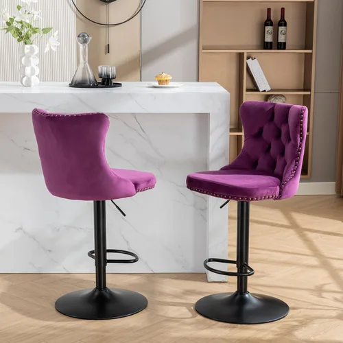 Vista 60 de Juego de 2 modernos taburetes de bar giratorios ajustables, sillas de bar copetudas de terciopelo beige con respaldo y ribete de cabeza de clavo