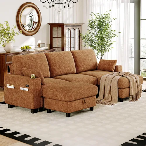 Vista 20 de Vipbear Sofá modular seccional, sofá de chenilla cómodo en forma de L de Marfil