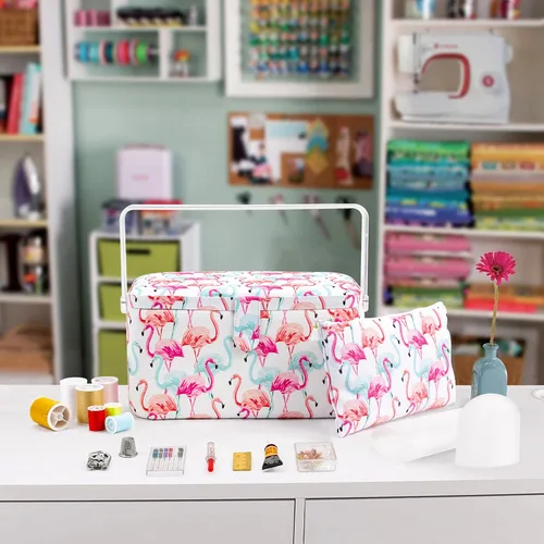 Vista 7 de SINGER Cesta de aparejos grande de alta calidad, estampado de flamenco pastel con kit de costura de viaje de emergencia y bolsa con cremallera a