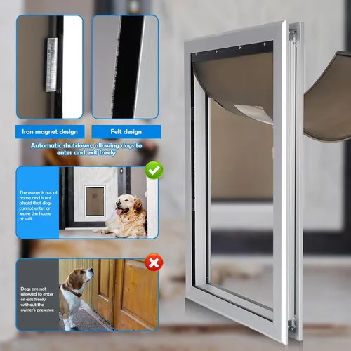 Vista 5 de Puertas extra grandes para perros con marco de aluminio fuerte, cierre automático y solapa duradera para eficiencia energética, panel de cierre