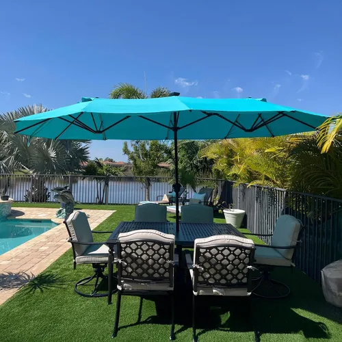 Vista 126 de PURPLE LEAF - Sombrilla de mercado de patio de 13 pies con base rectangular doble cara, sombrilla de mesa para exteriores con manivela, 12 varillas