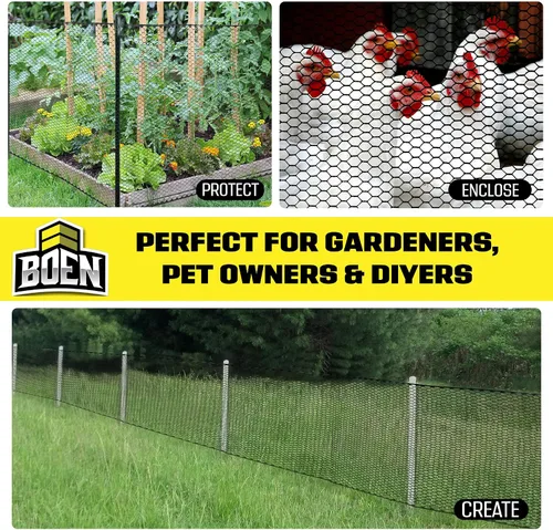 Vista 4 de Boen Malla hexagonal de plástico para aves de corral, barrera temporal de alambre de pollo para patio (2 x 25 pies, negro)