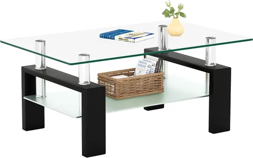 Vista 10 de Mesa de centro de vidrio rectangular Meihua de 2 niveles, mesa de té moderna, mesa auxiliar de café para sala de estar (todo negro)