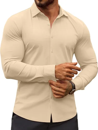 Vista 8 de COOFANDY Camisas de vestir ajustadas para hombre, sin arrugas, manga larga, casuales, con botones