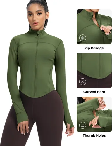 Vista 73 de AVGO Chaquetas de entrenamiento recortadas para mujer, con cremallera, ajustadas, atléticas, con agujeros para el pulgar