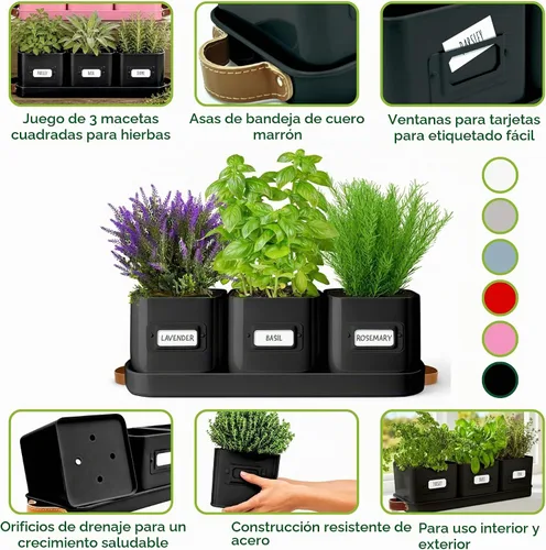 Vista 3 de volila - Juego de 3 macetas para hierbas de interior, color negro, con bandeja con asa de cuero - Estante de plantas para alféizar de ventana