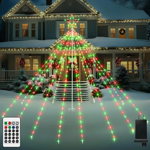 Vista 10 de Luces de árbol de Navidad para exteriores, 340 luces LED de decoración de Navidad con estrella superior, luz de Navidad impermeable IP67 con 16