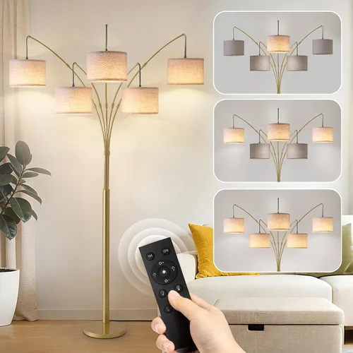 Vista 18 de Lámpara de pie con control remoto, lámparas de pie de arco de 3 luces para sala de estar, lámparas de pie altas de 2400 lm con pantallas blancas