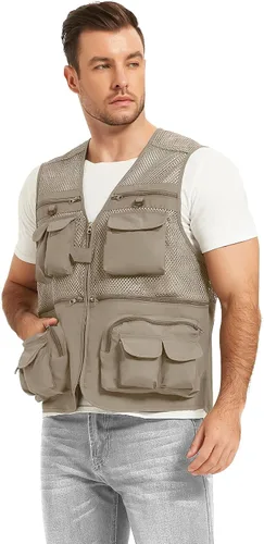 Vista 7 de Chaleco Flygo para hombre, para pesca, trabajo, safari, viaje de reportajes o para actividades al aire libre en verano, con bolsillos