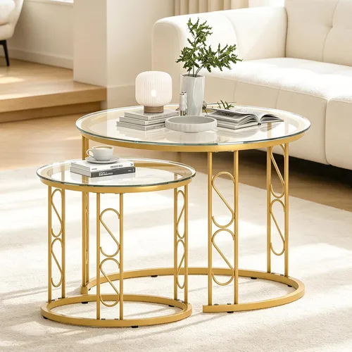 Vista 7 de Mesa de Centro Anidable, Juego de Mesa de Centro Redonda de 23.6" Set de 2, Juego de Mesas Anidables de Madera con Marco de Metal, Mesas Laterales