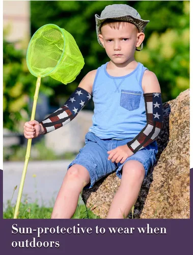 Vista 7 de Jecery 9 pares de mangas de brazo para niños y jóvenes, manga de compresión de fútbol, béisbol, bandera estadounidense para adolescentes, jóvenes