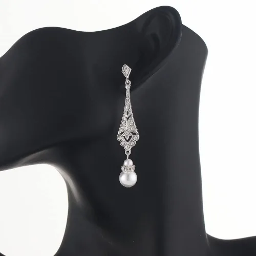 Vista 4 de Pendientes de perlas vintage de los años 20, aretes Art Deco de los años 20, joyería de la aleta de los años 20, aretes colgantes de boda, regalo