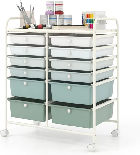 Vista 36 de COSTWAY Carrito de almacenamiento rodante con 4 cajones, carrito de almacenamiento de plástico y organizador con 4 cajones extraíbles, carrito