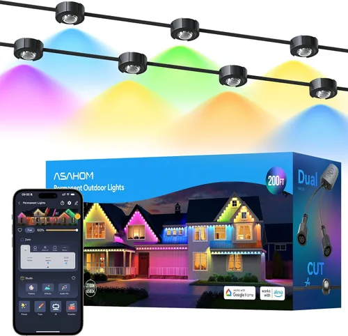 Vista 12 de ASAHOM AI - Luces permanentes para exteriores S107B, 100 pies con 72 luces LED RGBCW, 30,000 efectos de iluminación, controlador con doble salida