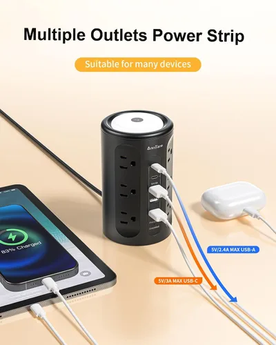 Vista 5 de Torre de tira de alimentación AnnTane con luz nocturna, tira de alimentación con protector de sobretensiones y puertos USB, cable de extensión de 10