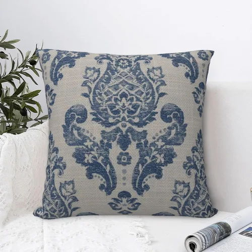 Vista 4 de Fundas de almohada de damasco azul real, decoración del hogar, sofá, rústico, para sala de estar, dormitorio, cama, cojín al aire libre, 16 x 16