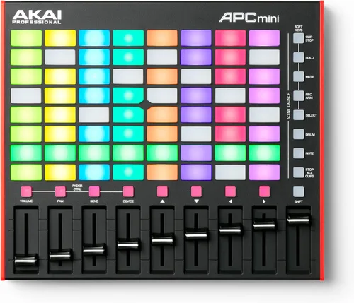 Vista 9 de Akai Professional APC Mini MK2 USB MIDI Pad Controller 64 blocs RGB, 9 faders, modo de batería y nota, mapeo 1:1 para Ableton Live