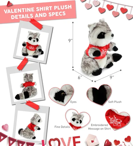 Vista 3 de DolliBu Mapache de peluche con texto en inglés "I Love You", bonito animal de peluche con camisa roja y nombre, regalo personalizado para el día