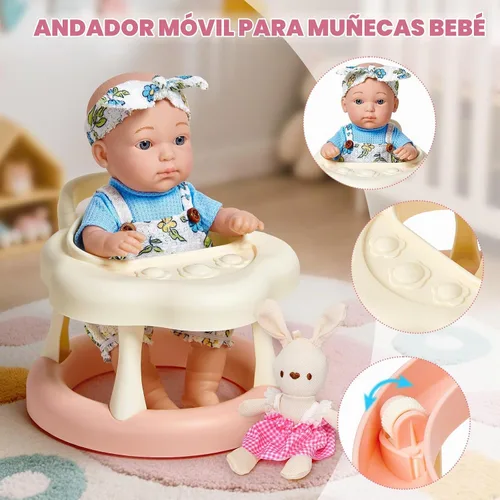 Vista 4 de Cleboen Juego de accesorios para muñecas de bebé para niñas, muñeca de bebé de 9'' con 2 juegos de ropa, andador para muñecas, silla, biberón